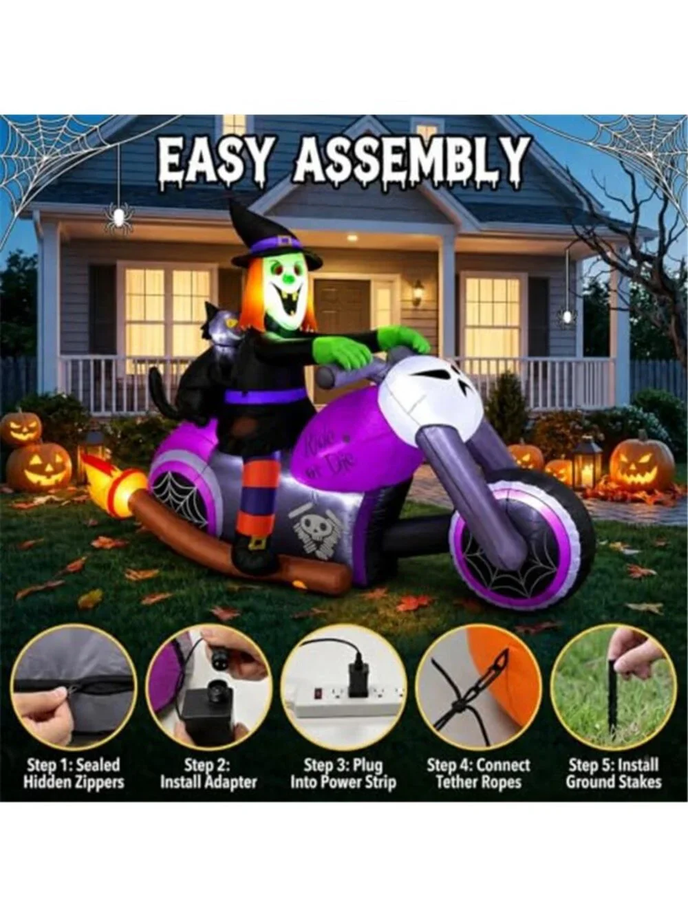 7FT Gaint Halloween Inflatables Witch on Motorcycle with Black Cat,Blow Up